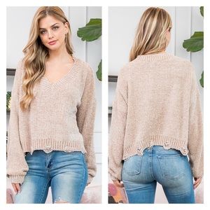 🆕 Distressed Detail V-Neck Cable Knit Chenille Sweater